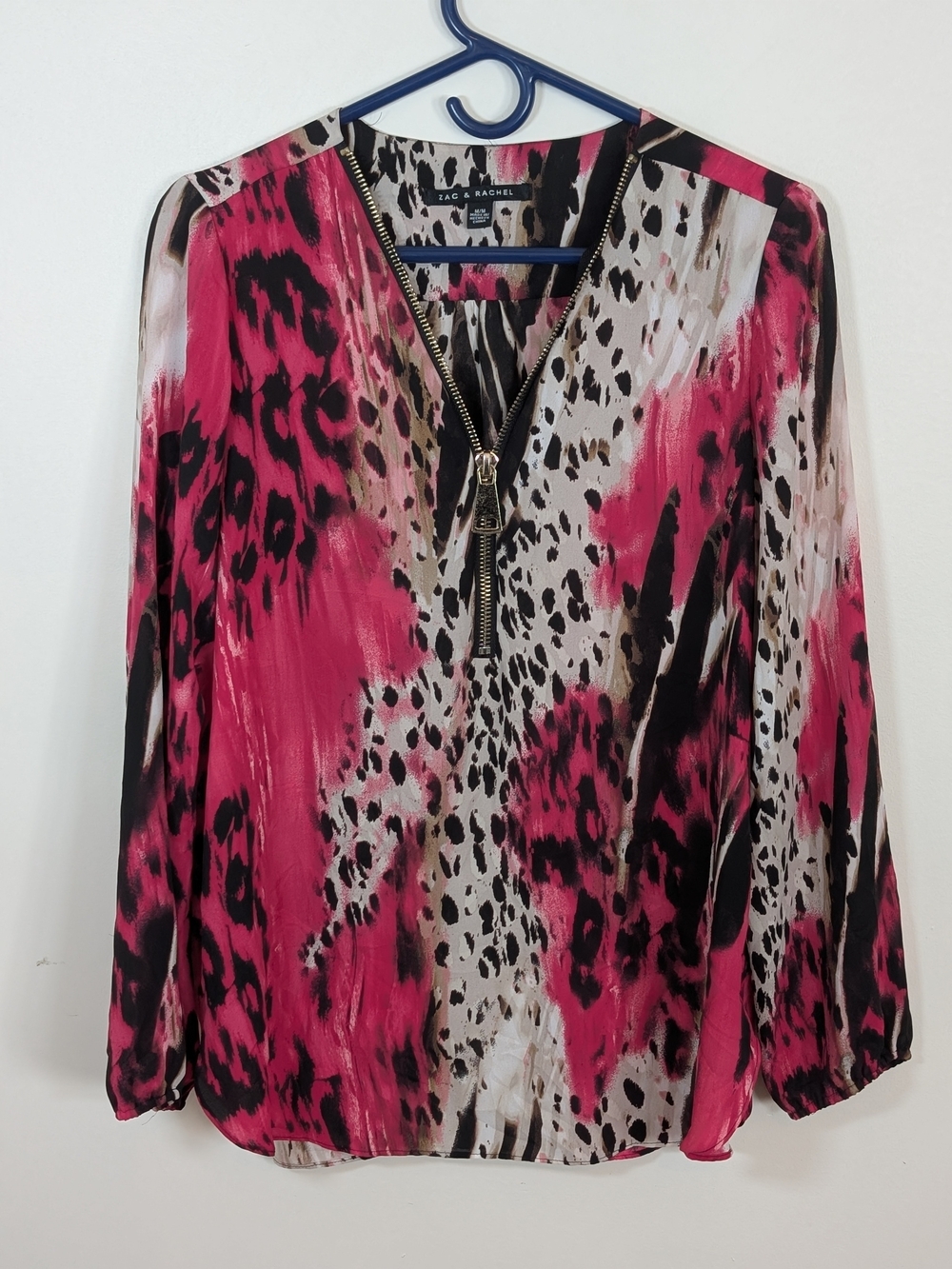 Zac & Rachel Pink Animal Print Zip-Front Blouse